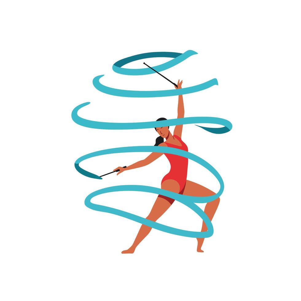 Dynamic rhythmic gymnast performing with ribbons in flat art illustration vector
