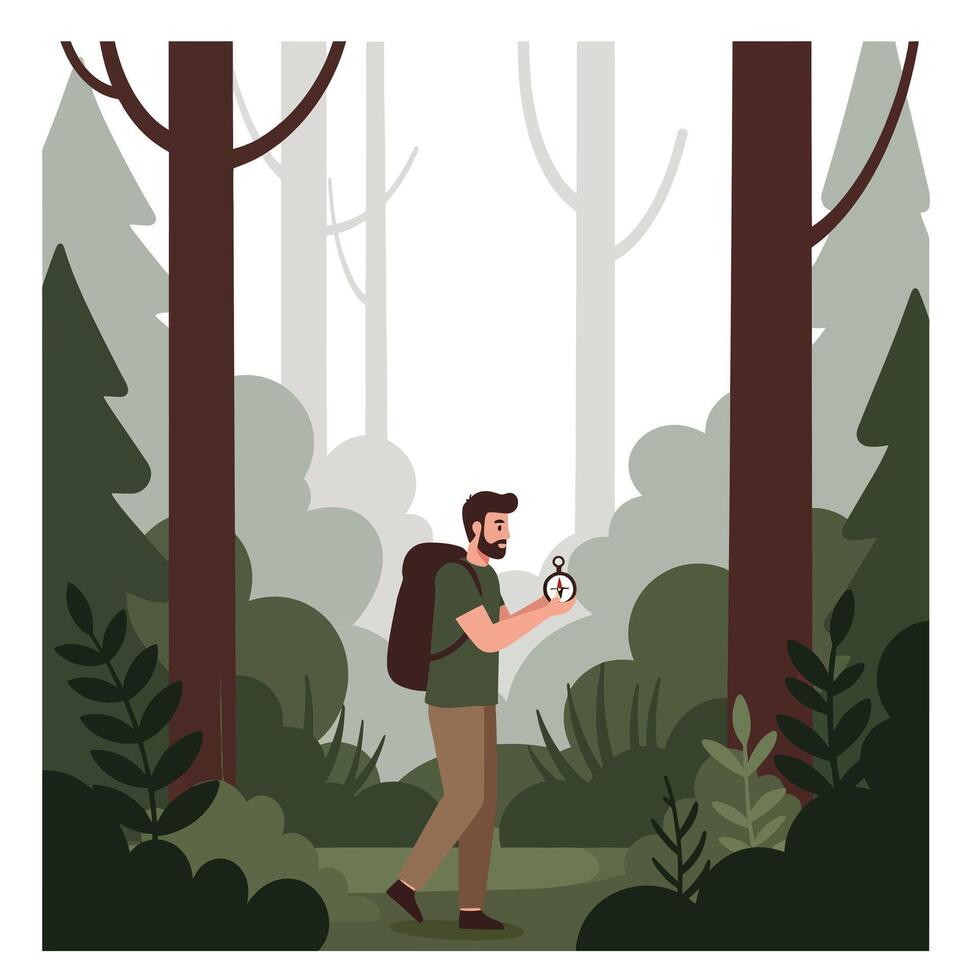 Hiker navigating through forest with map in flat art style vector
