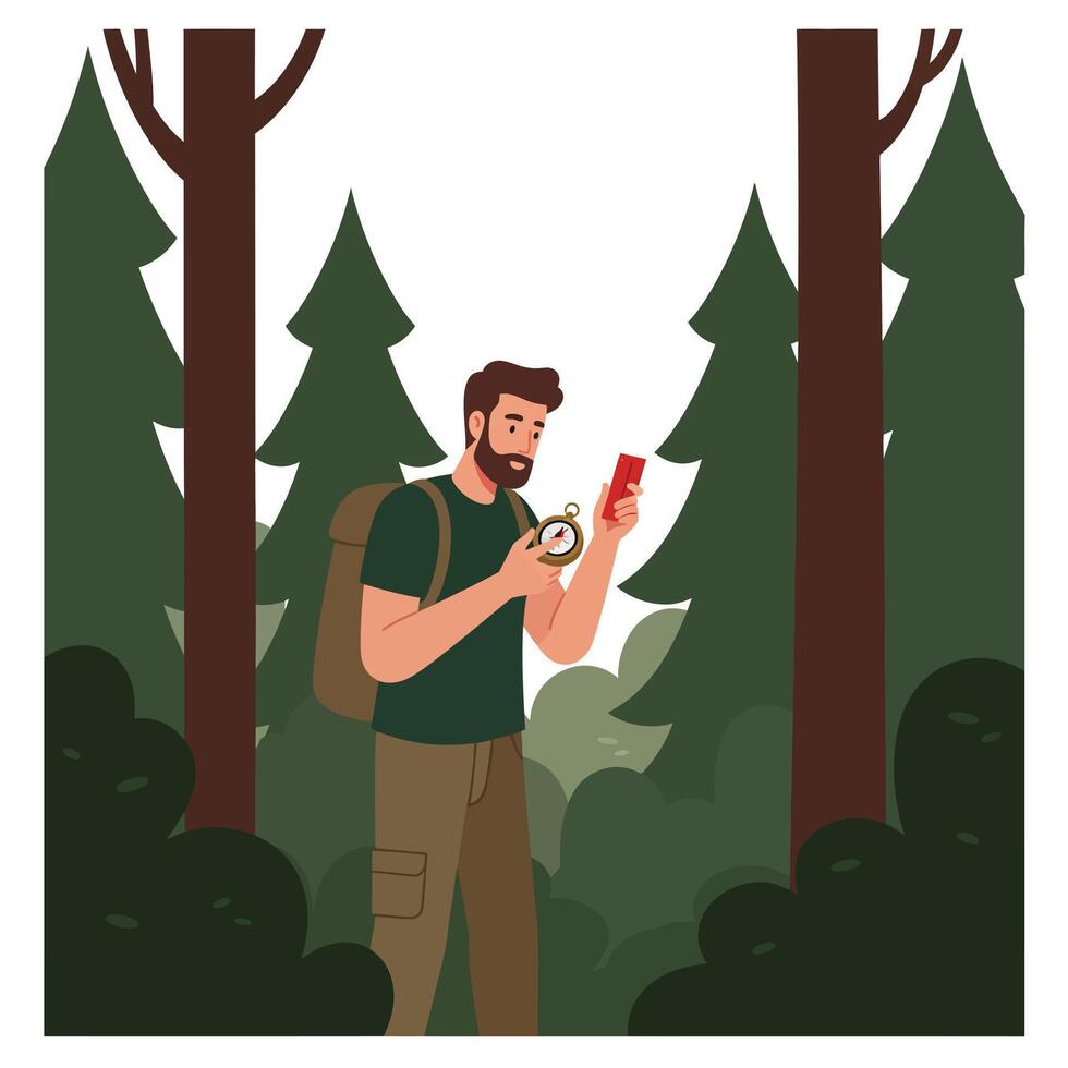 Man using compass and phone in forest flat illustration vector