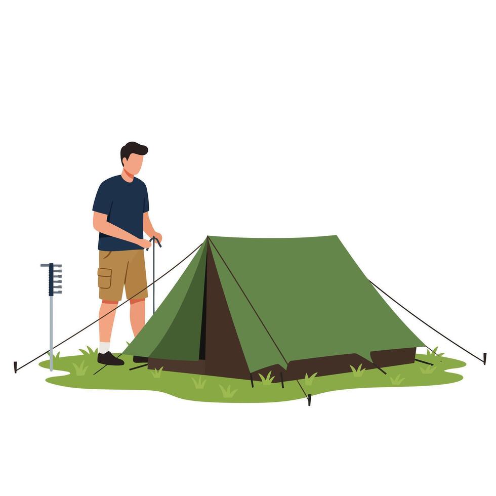 Man setting up a camping tent in a flat and minimal illustration vector