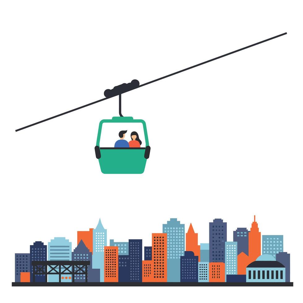 Cable car ride above city skyline in flat art style vector