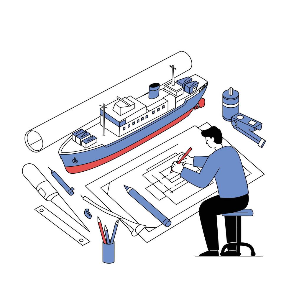 Designer creating ship blueprint in detailed flat illustration style with tools and materials vector