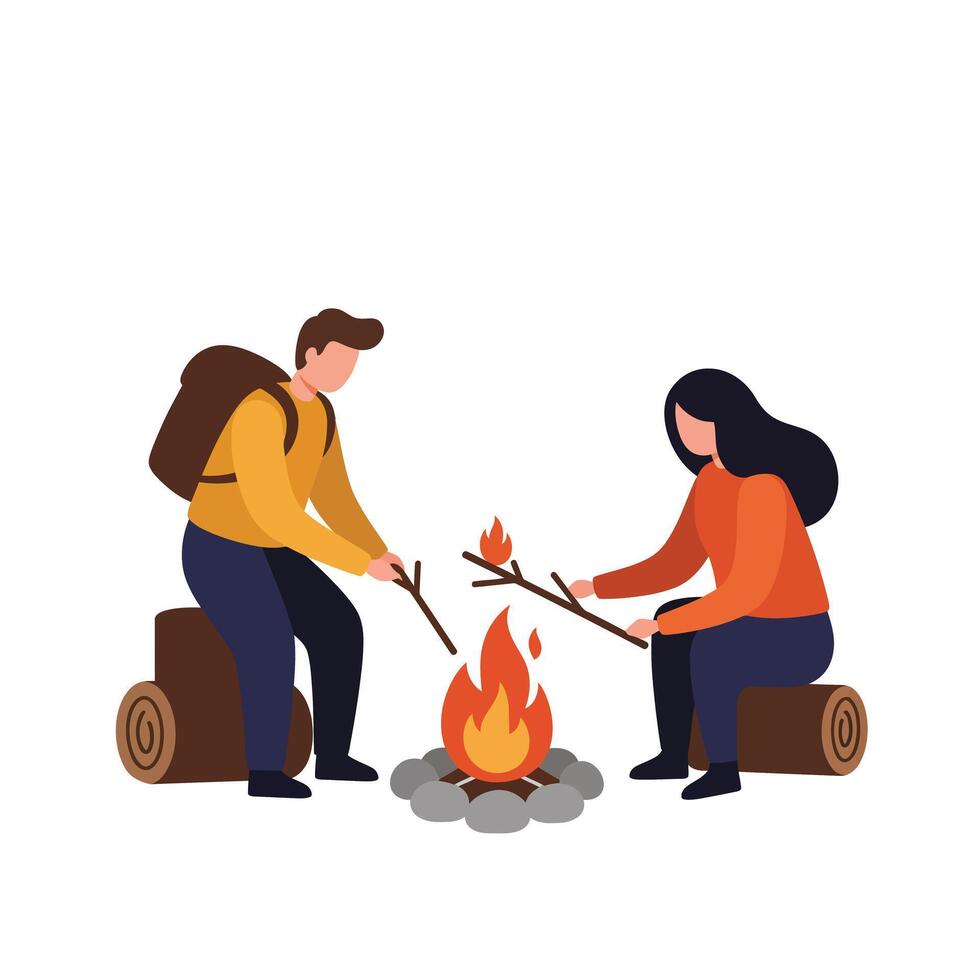 Two campers enjoying a cozy campfire in a flat illustration style vector