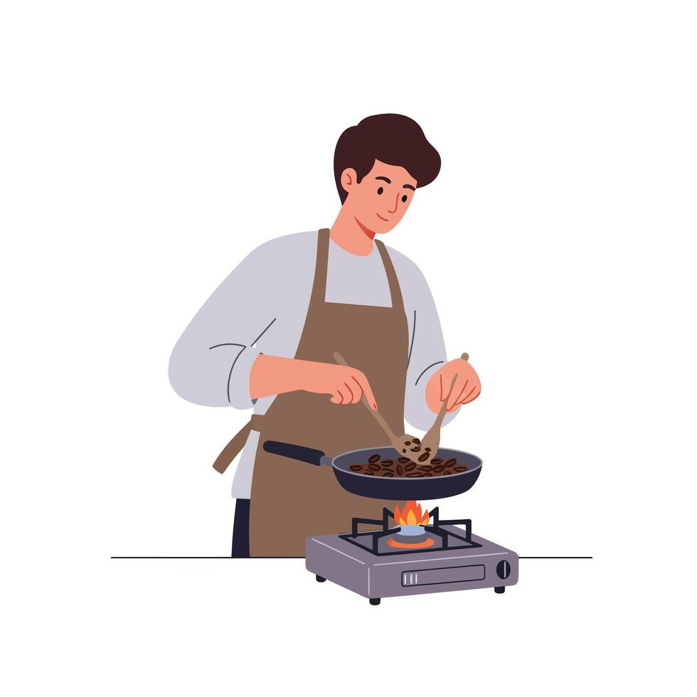 Chef cooking on stove with frying pan in minimal flat art vector