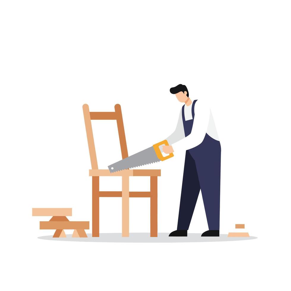 Carpenter using a saw to cut chair legs in flat art vector