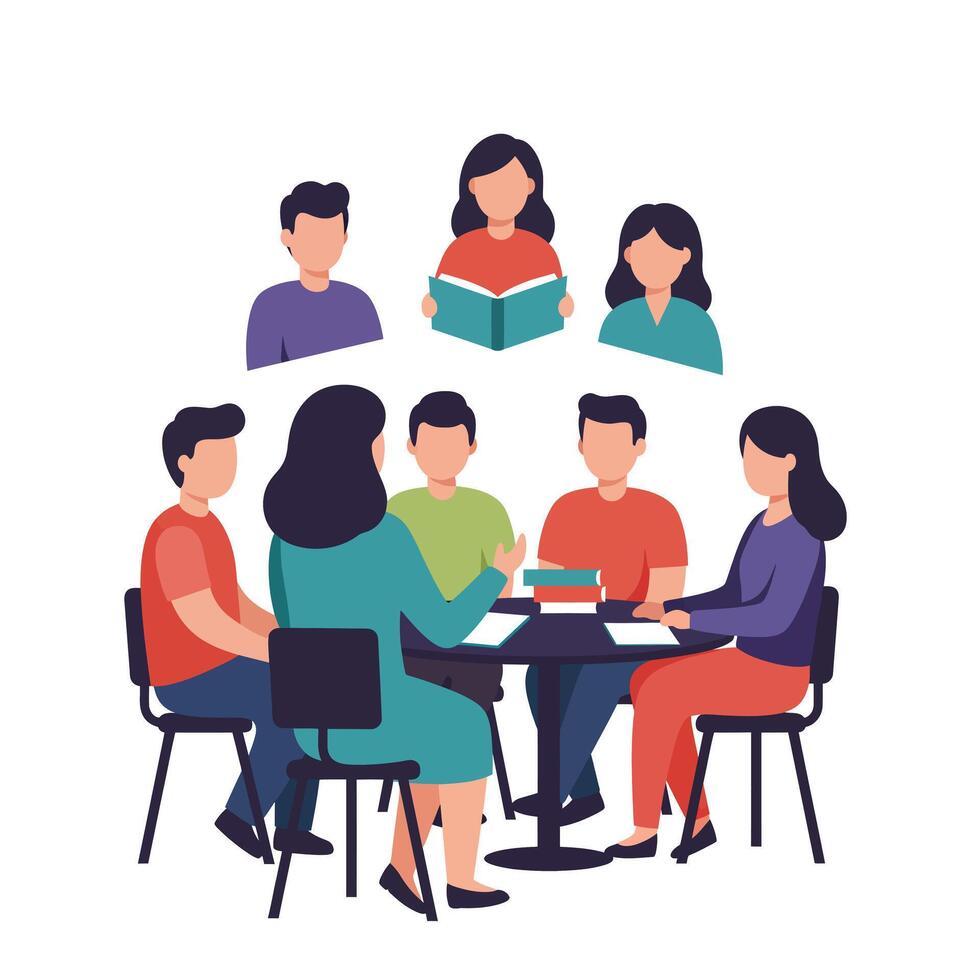 Group of people discussing ideas in a flat illustration vector