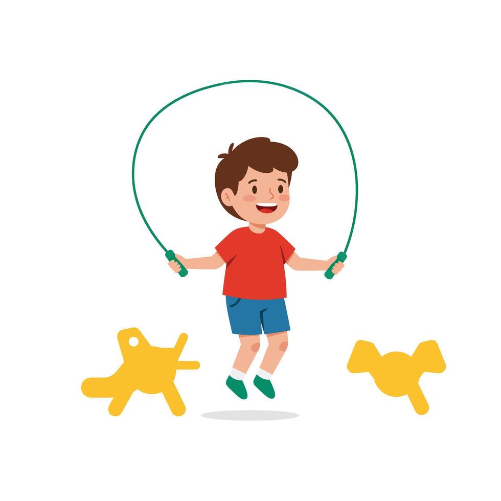 Happy child playing with jump rope in colorful flat art vector