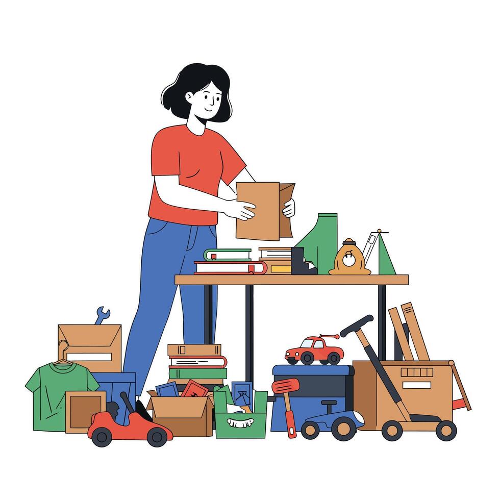 Woman organizing items on a table in flat art style vector
