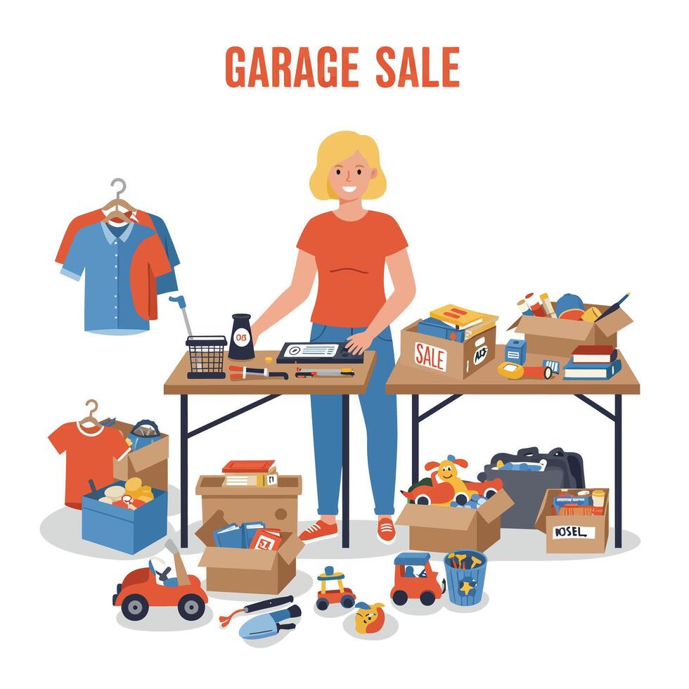 Woman organizing a garage sale in flat art style with colorful items and boxes vector