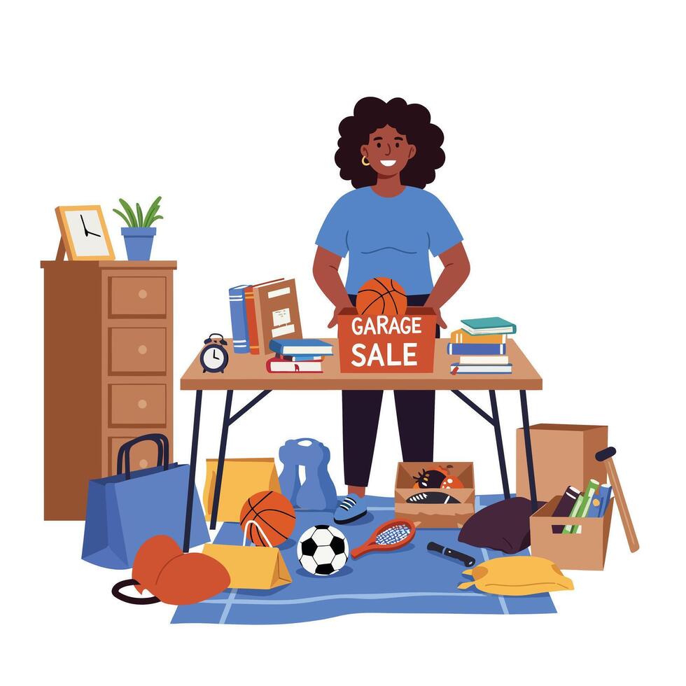 Woman organizing a garage sale with various items in flat art vector