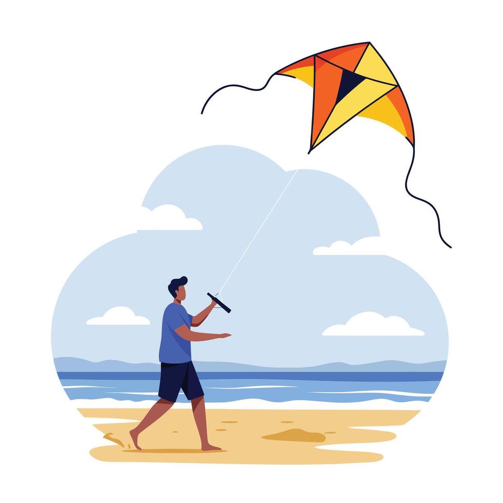 Person flying a colorful kite on the beach in flat art vector