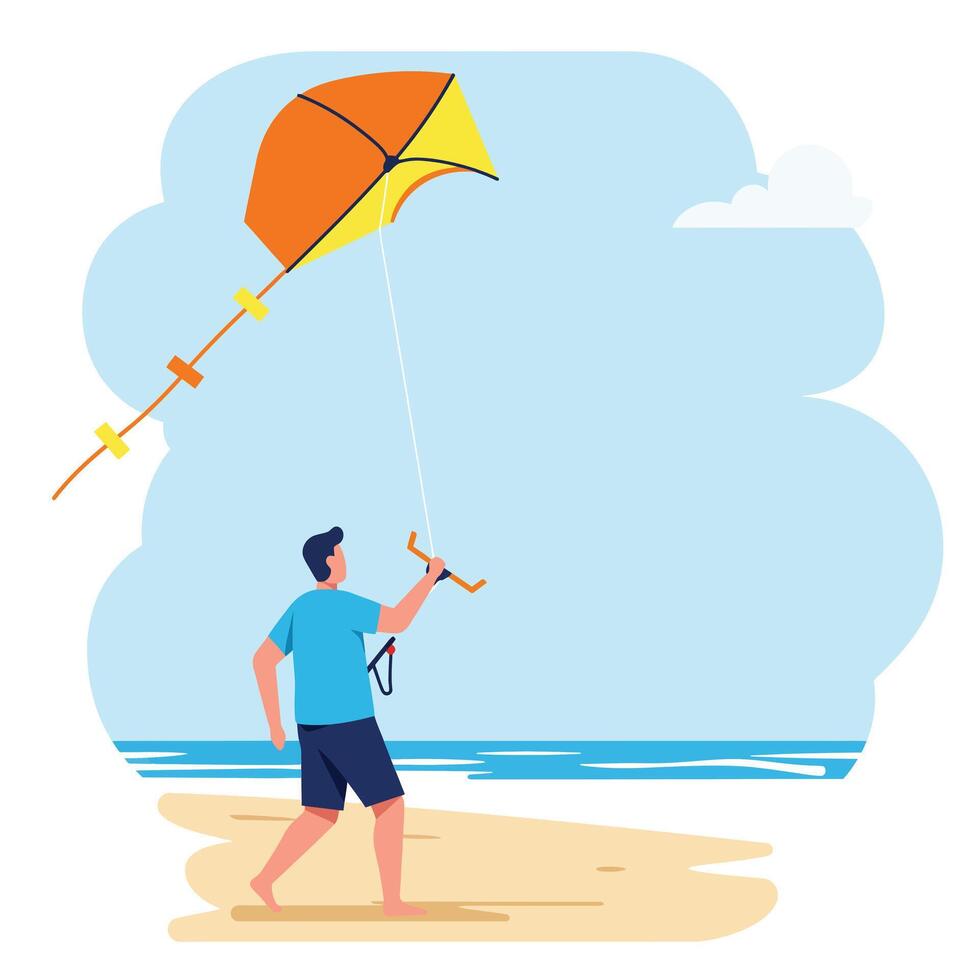 Young man flying an orange kite on the beach in flat art vector