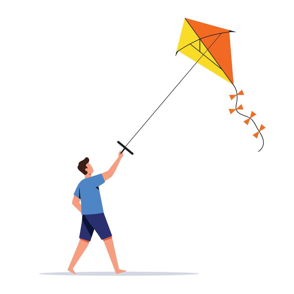 Boy flying a colorful kite in a flat design style art vector