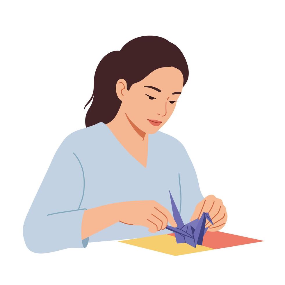 Woman crafting origami crane with colorful paper in flat art vector
