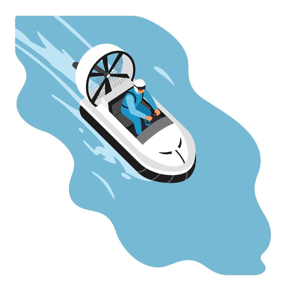Hovercraft navigating swiftly through water in flat art style vector