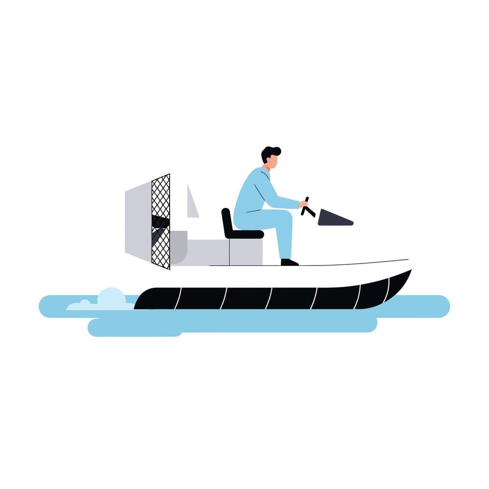 Person operating a boat on water in flat art style, showcasing dynamic movement in illustration vector