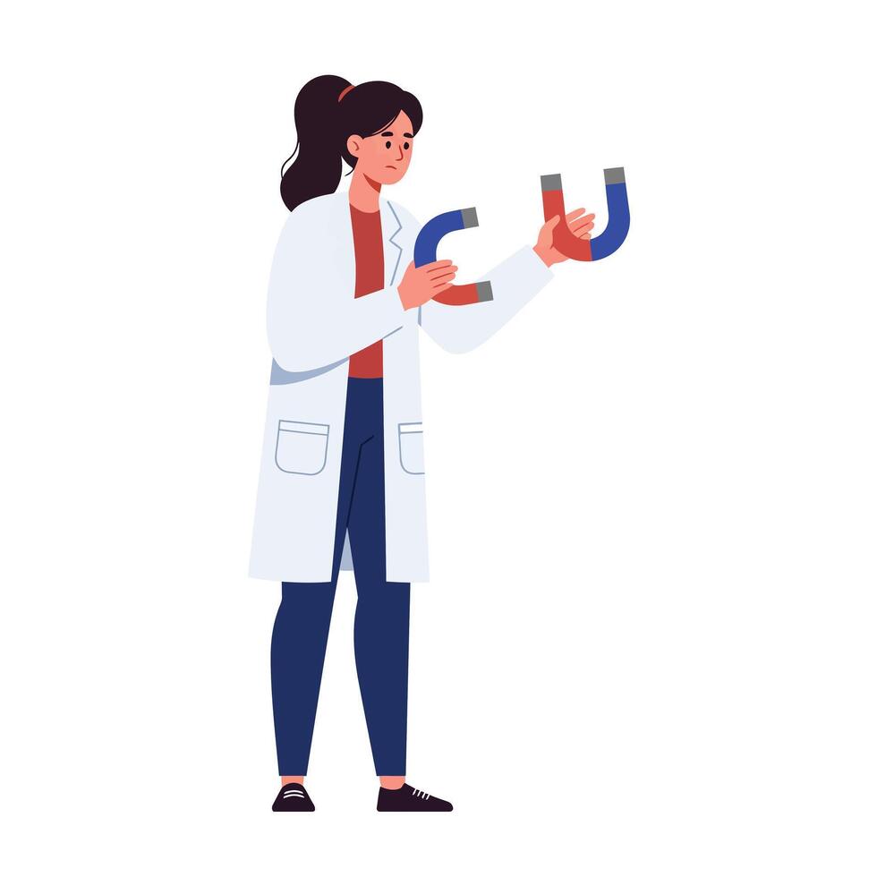 Scientist holding magnets in flat style art for educational purposes vector