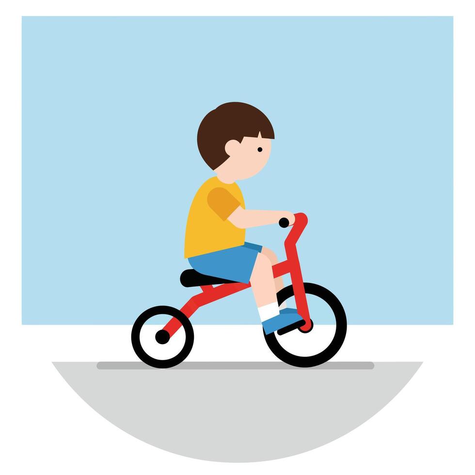 Child riding a red tricycle in a flat, minimal illustration vector