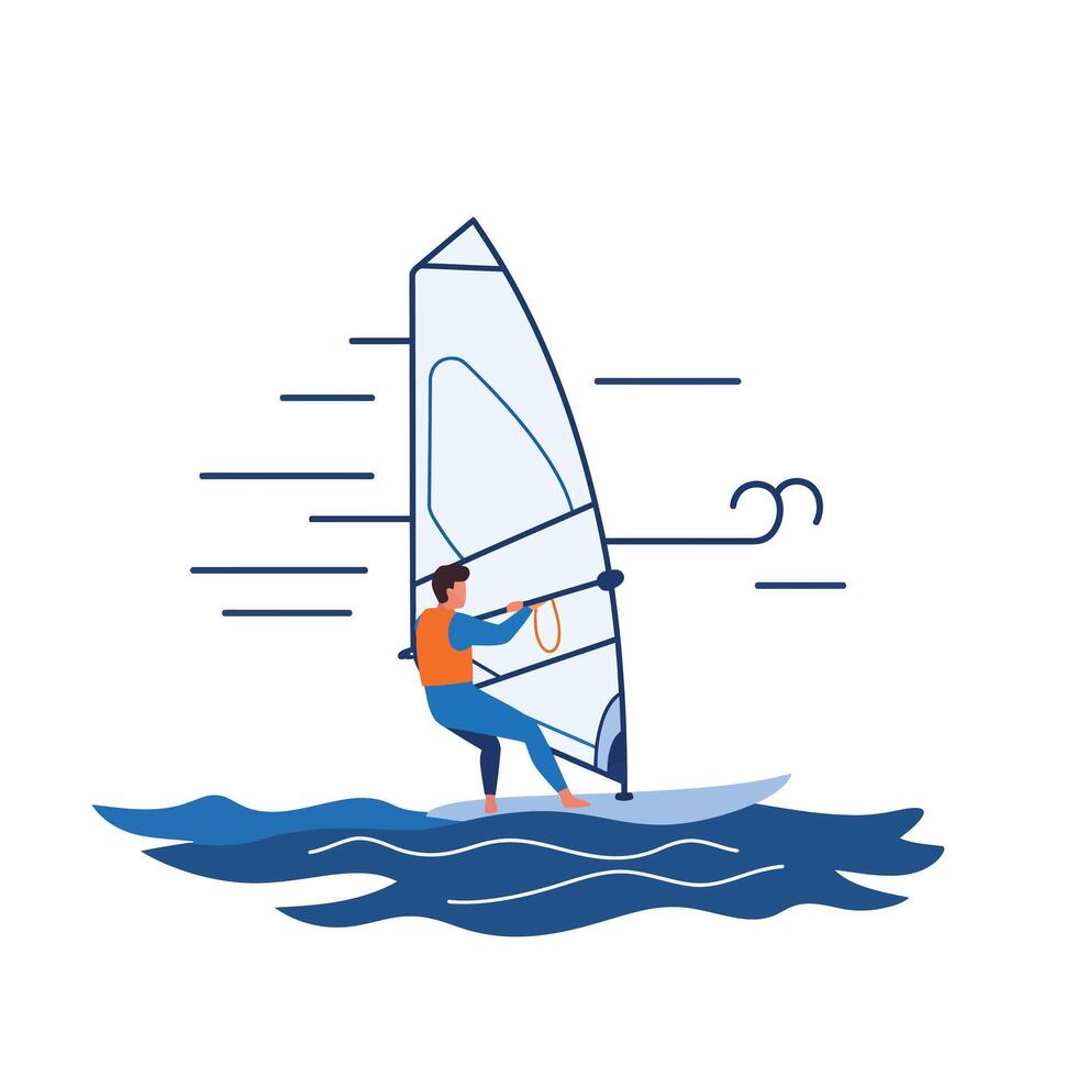 Windsurfer navigating waves in flat minimal art style with dynamic motion elements illustration vector