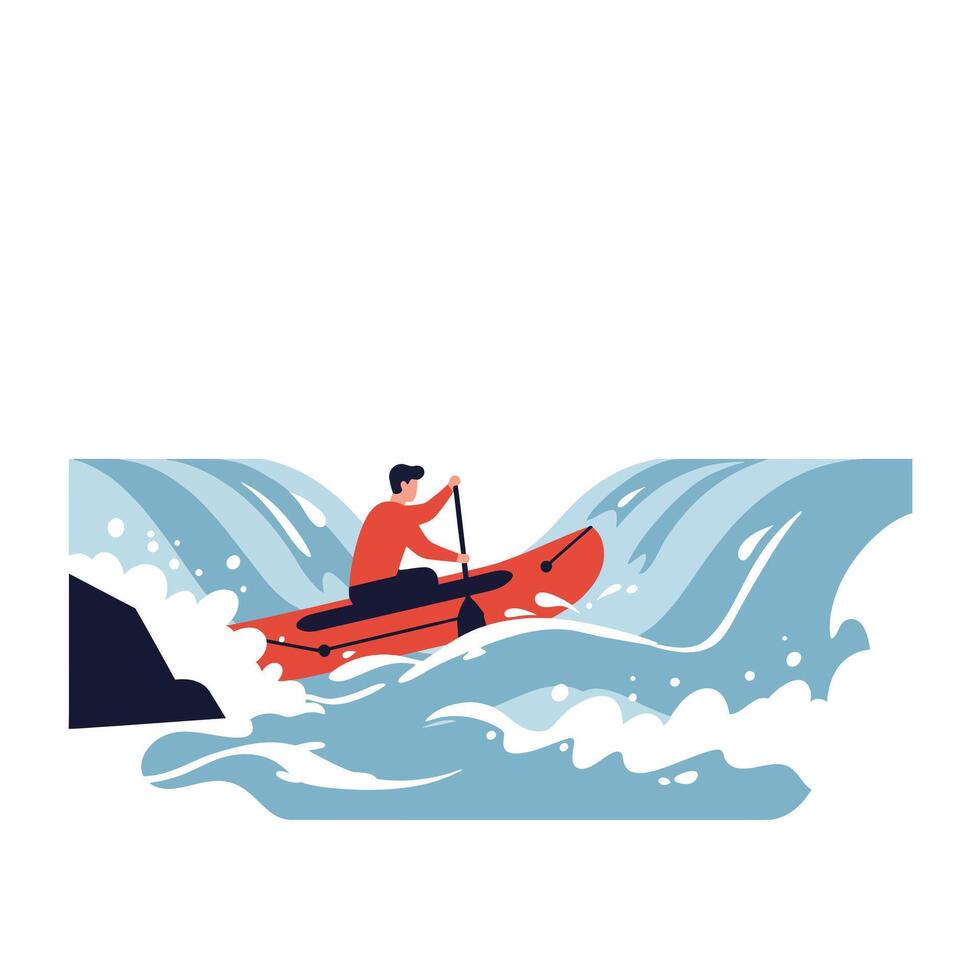 Kayaker navigating rapid waters in vibrant flat art illustration vector