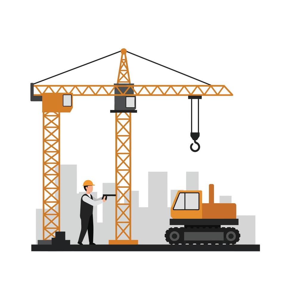 Construction worker operating crane and machinery in flat art vector