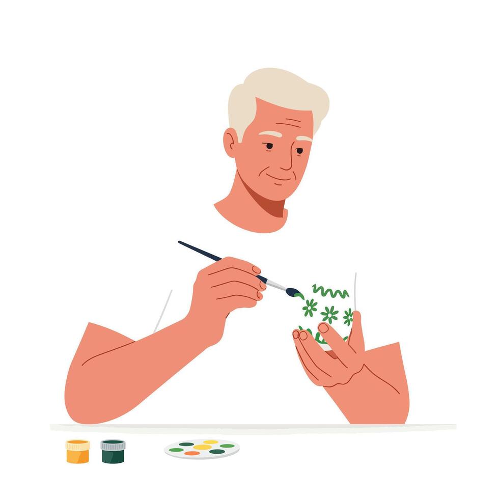 Man painting flowers with brush in flat design art vector