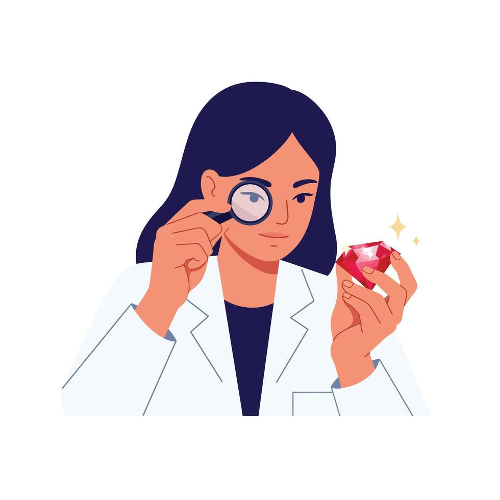 Scientist examining gemstone with magnifying glass in flat art vector