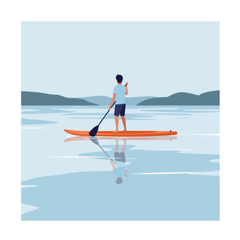 Person paddling on calm water in flat illustration vector