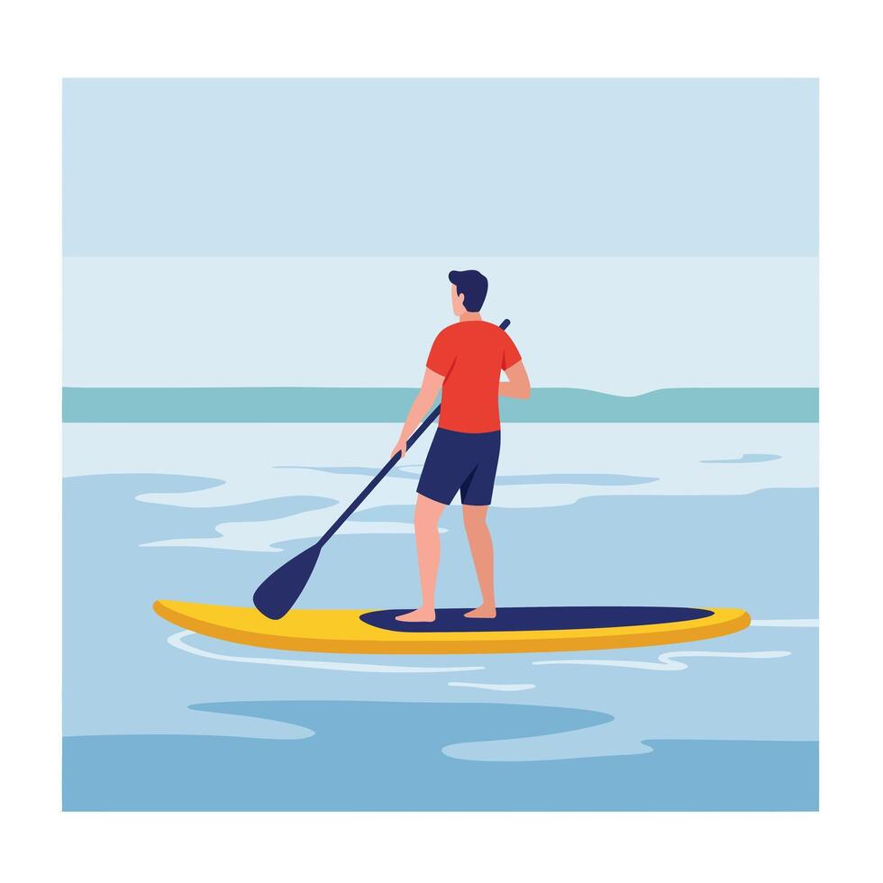 Person paddling on stand-up paddleboard in flat art style vector