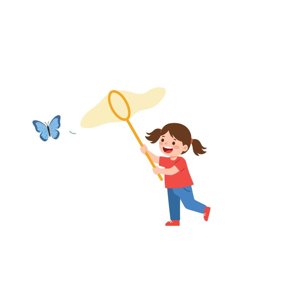 Girl capturing butterfly with net in flat minimal art vector