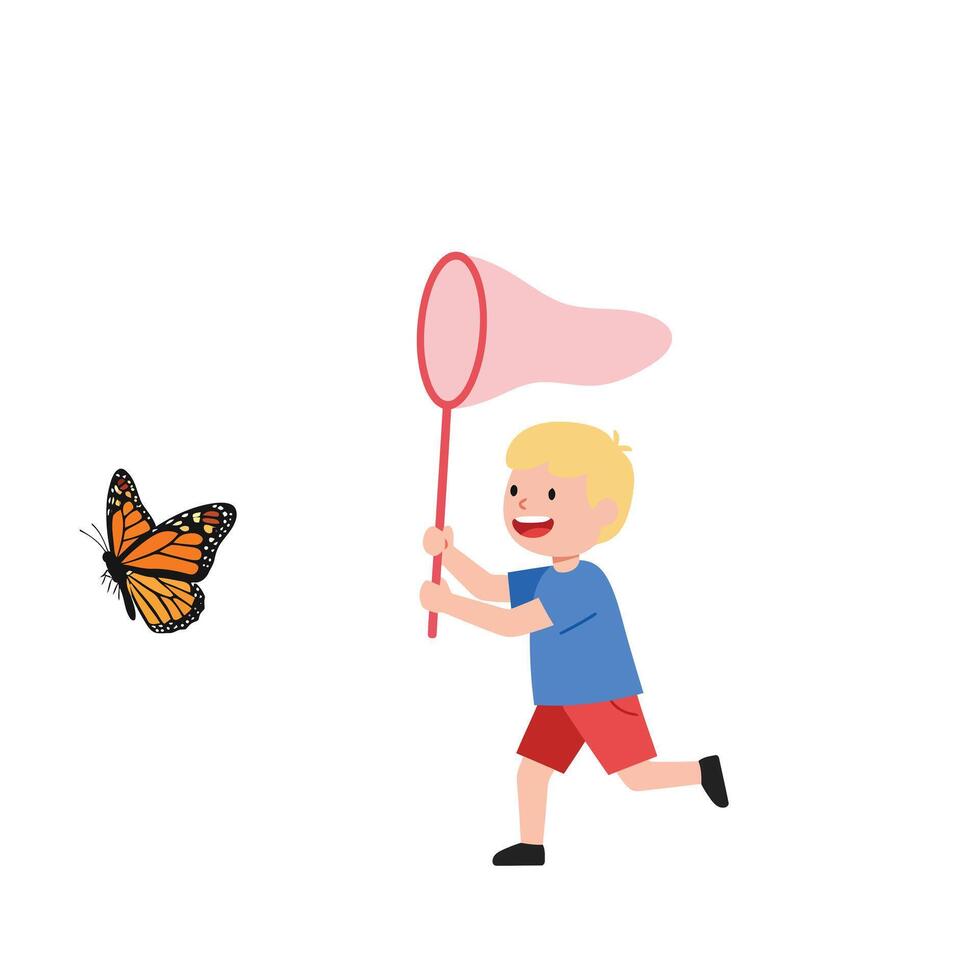 Boy chasing butterfly with net in flat art style illustration vector