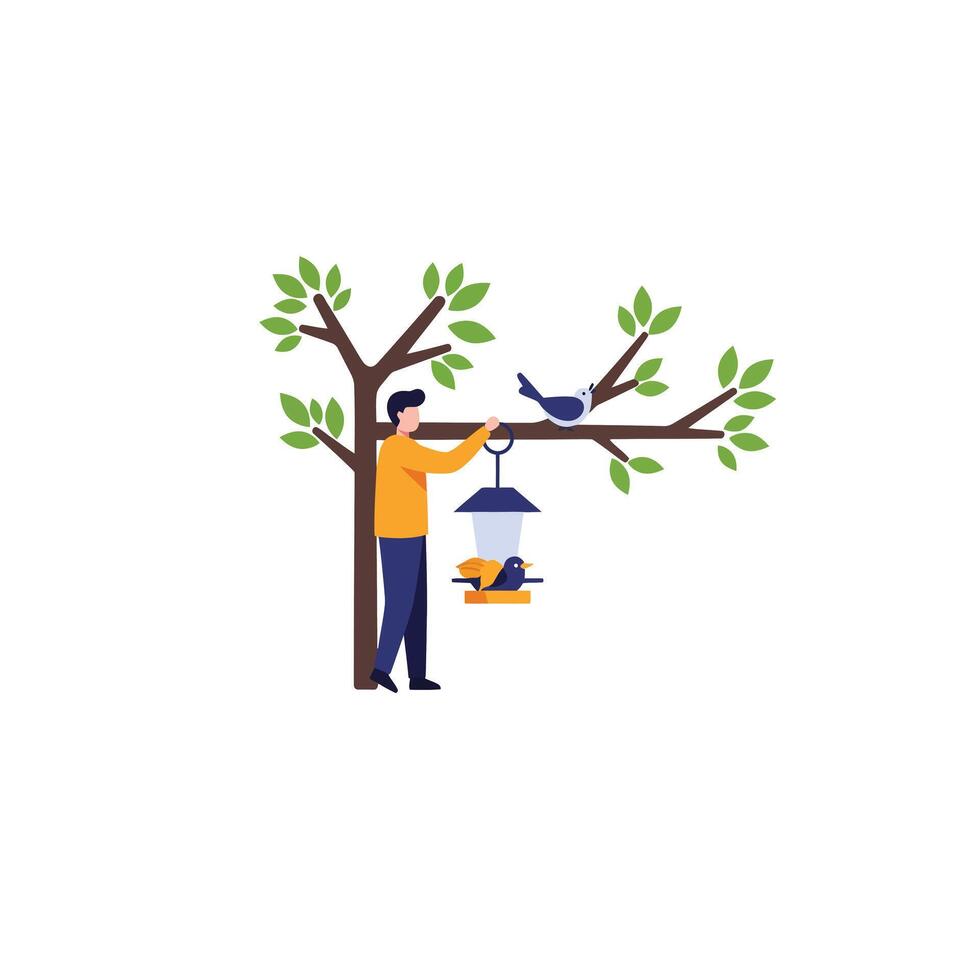 Person feeding birds with bird feeder in tree flat illustration vector