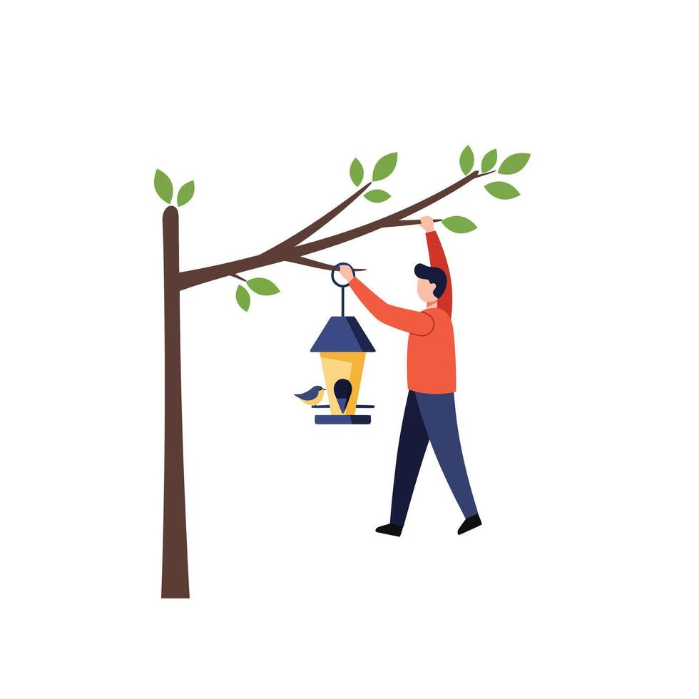 Person hanging bird feeder on tree branch in flat illustration vector