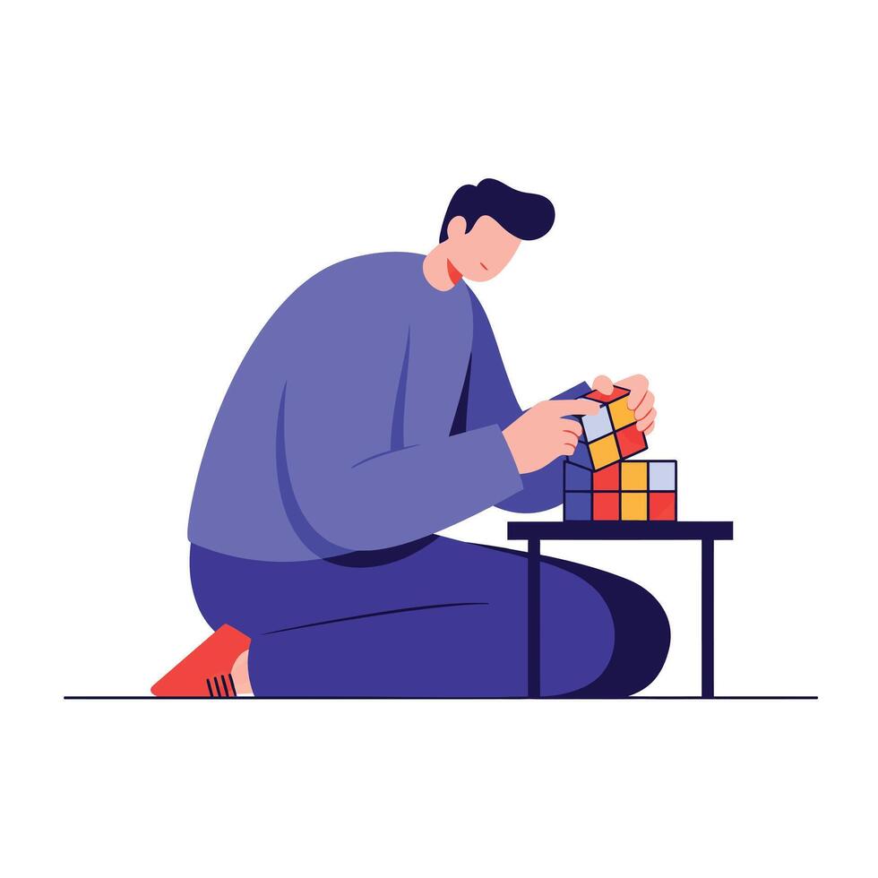 Man solving a Rubiks cube in minimal flat art style illustration vector