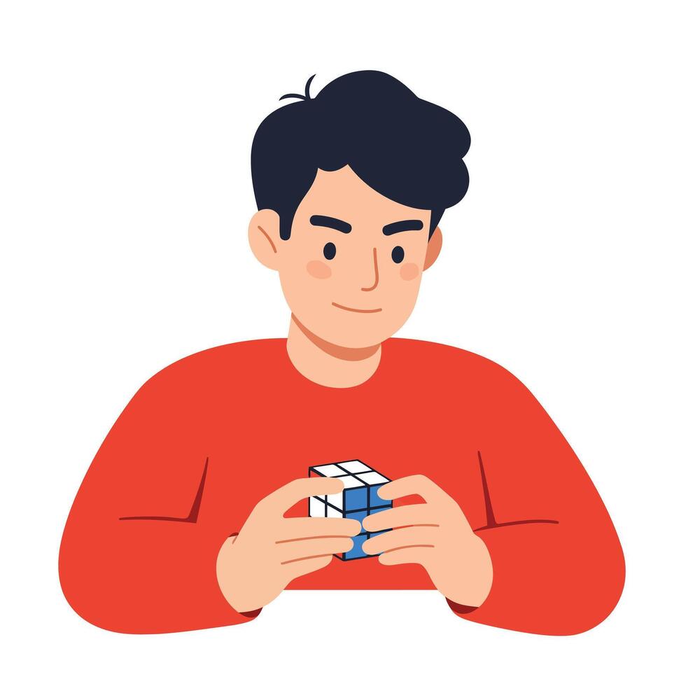 Young man solving a Rubiks Cube in flat digital style art vector