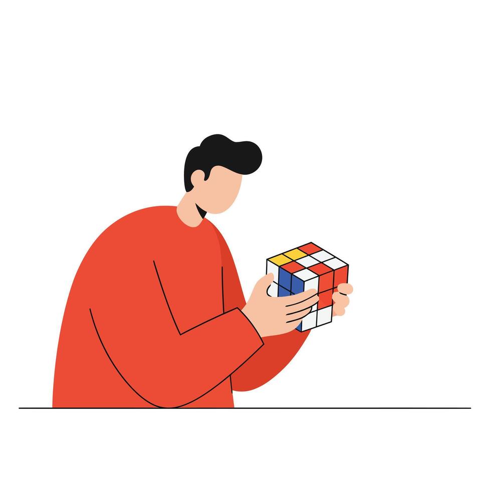 Person solving a Rubiks Cube in flat art style showcasing creativity and problem-solving skills illustration vector