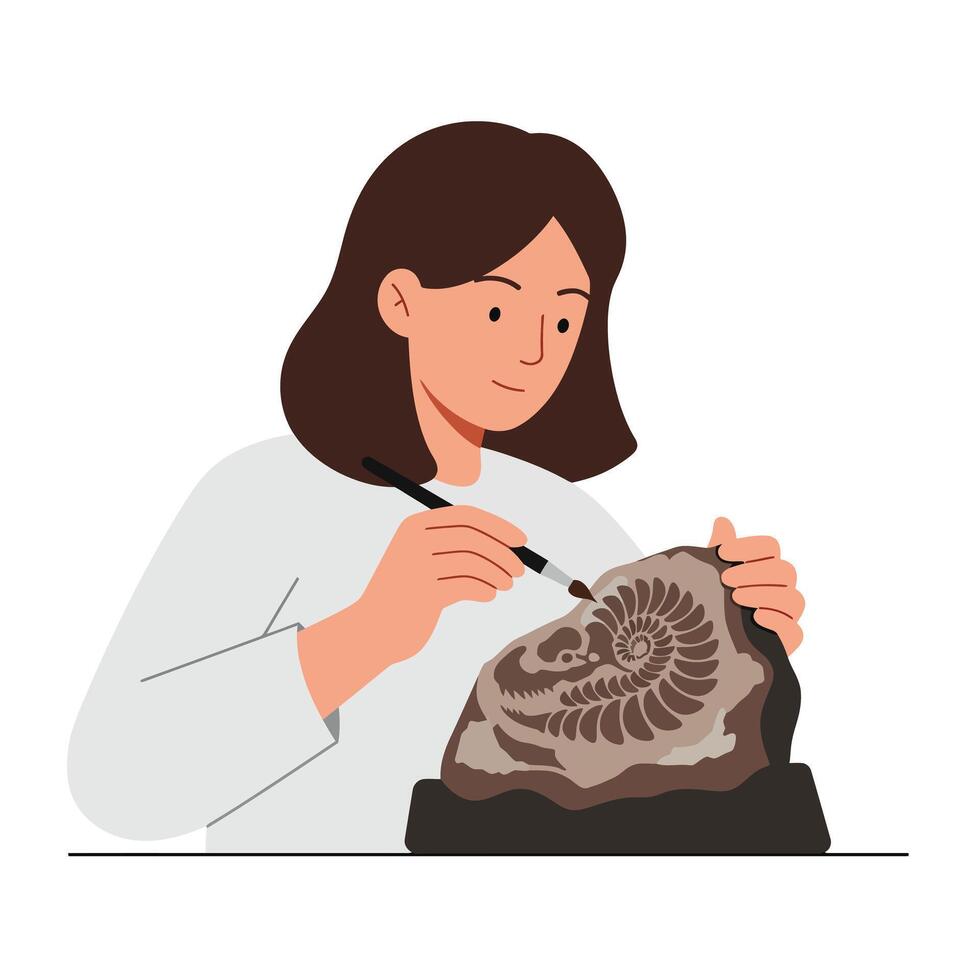 Woman carefully carving a fossil with detailed flat art illustration vector