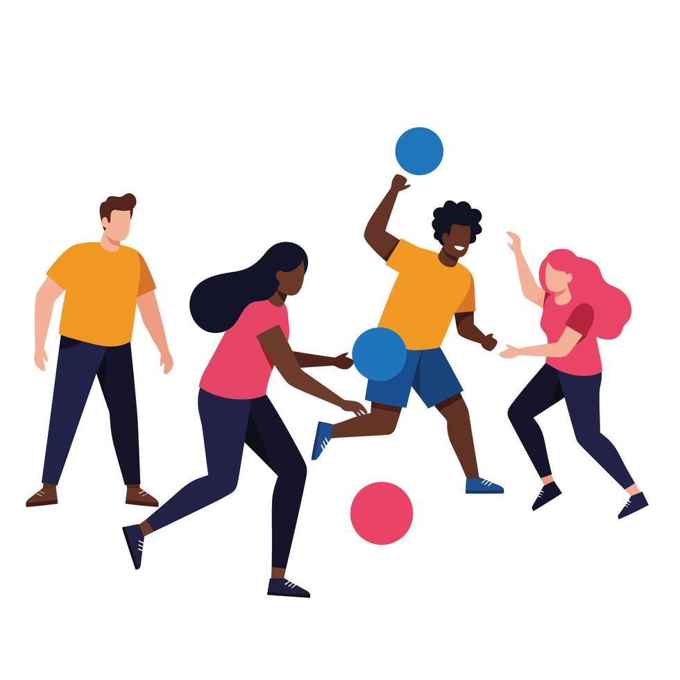 Group of friends playing a game with colorful balls in flat art vector