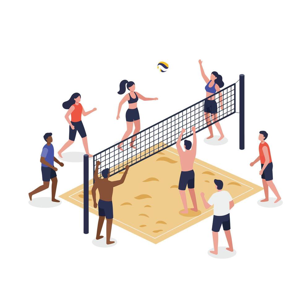 Beach volleyball game in action with players and net in flat art vector