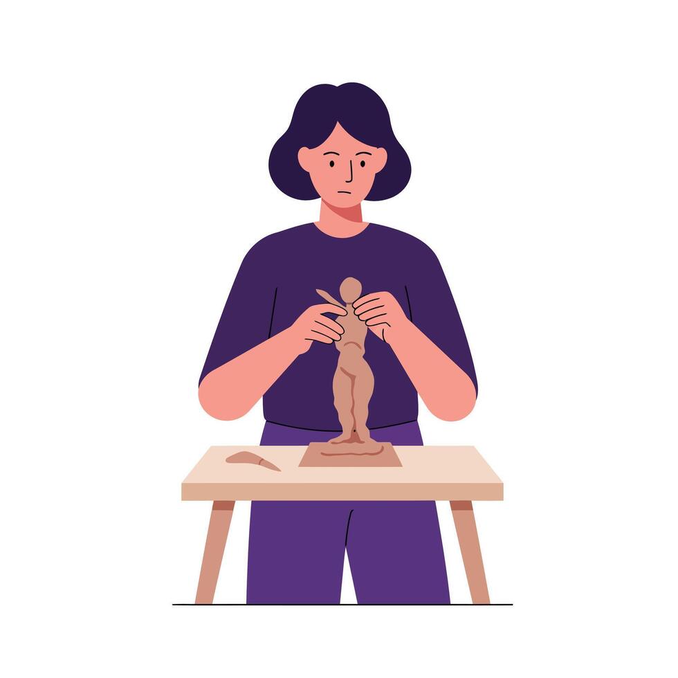 Woman sculpting a figure using clay in flat art style vector
