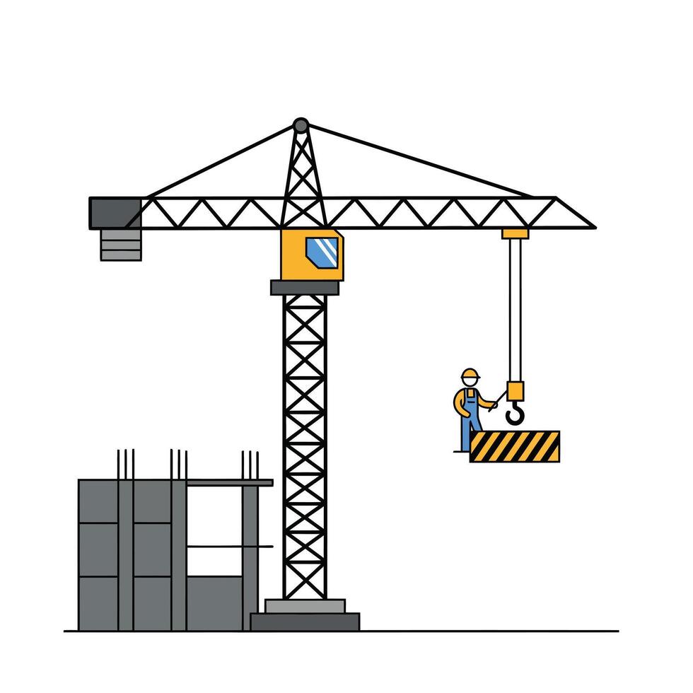 Crane lifting a load with worker in flat minimal art vector