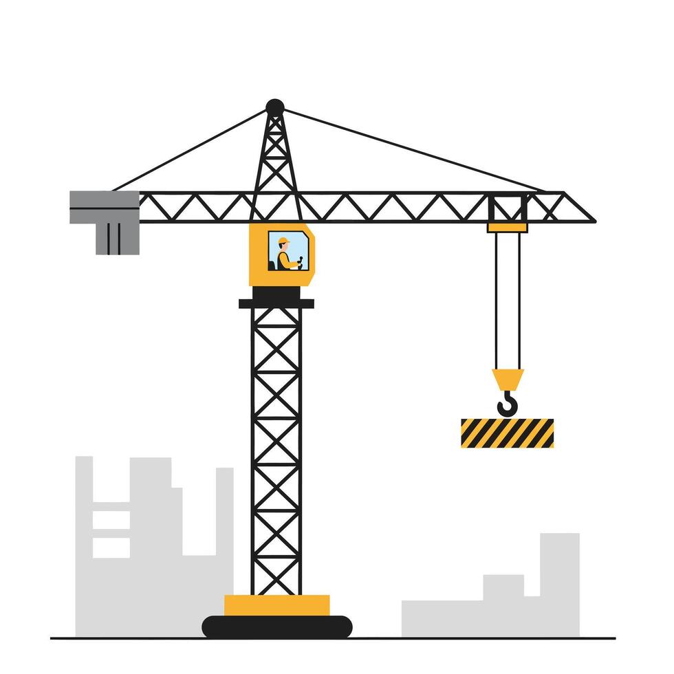 Construction crane lifting heavy load in flat design art vector