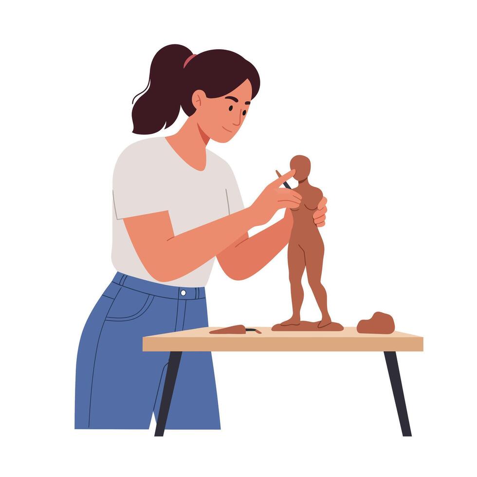 Artist sculpting a figure with clay in flat, minimal art vector