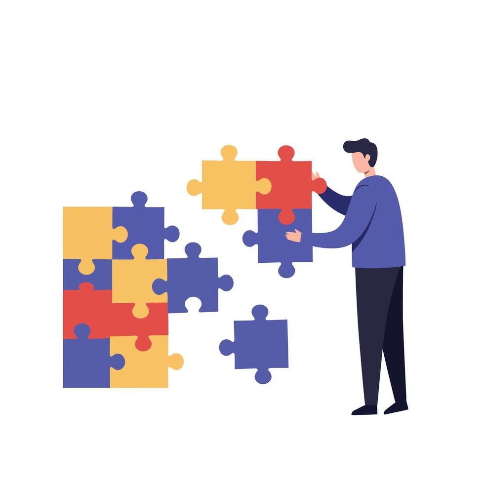 Puzzle piece assembly by a person in flat art style vector