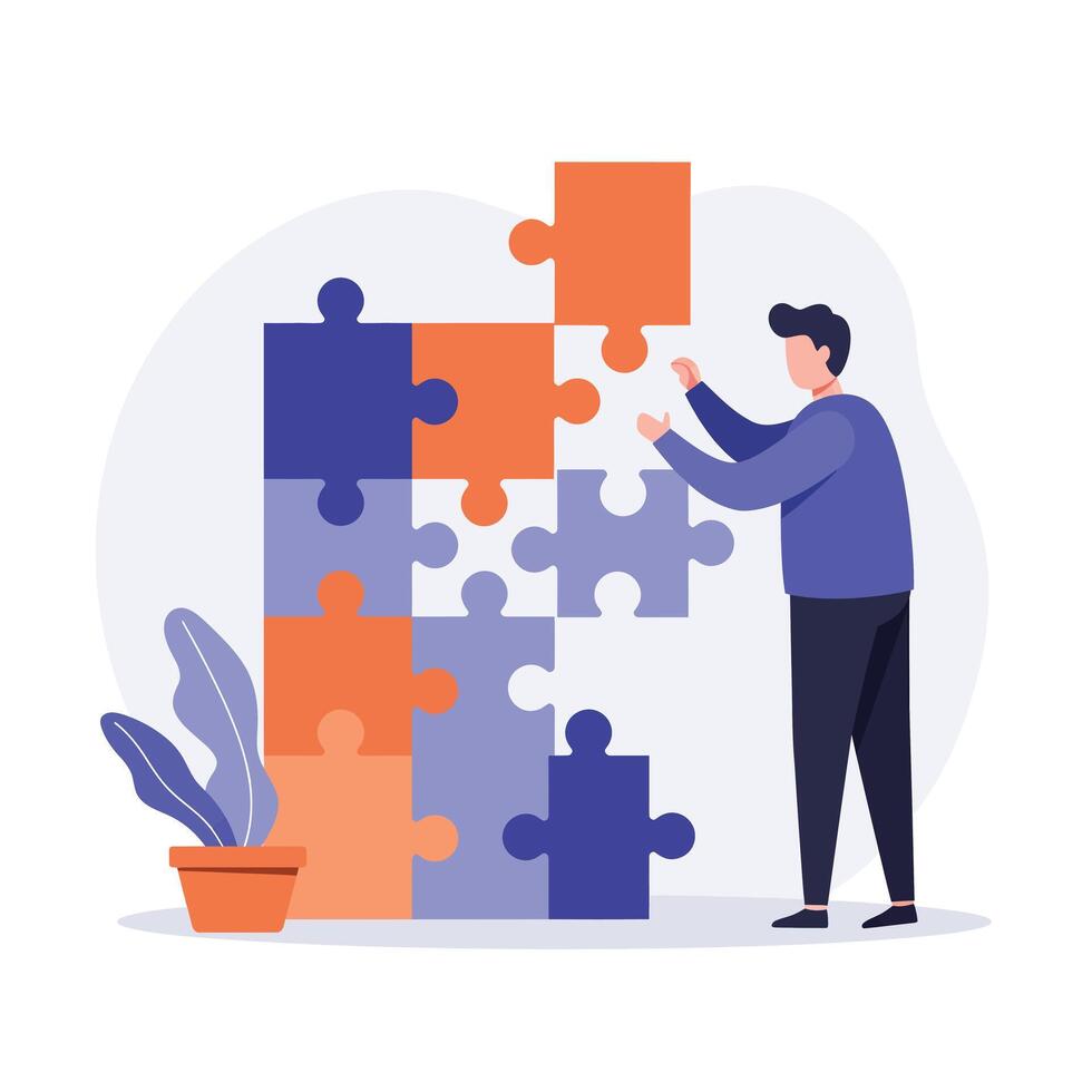 Person assembling colorful puzzle pieces in flat illustration vector