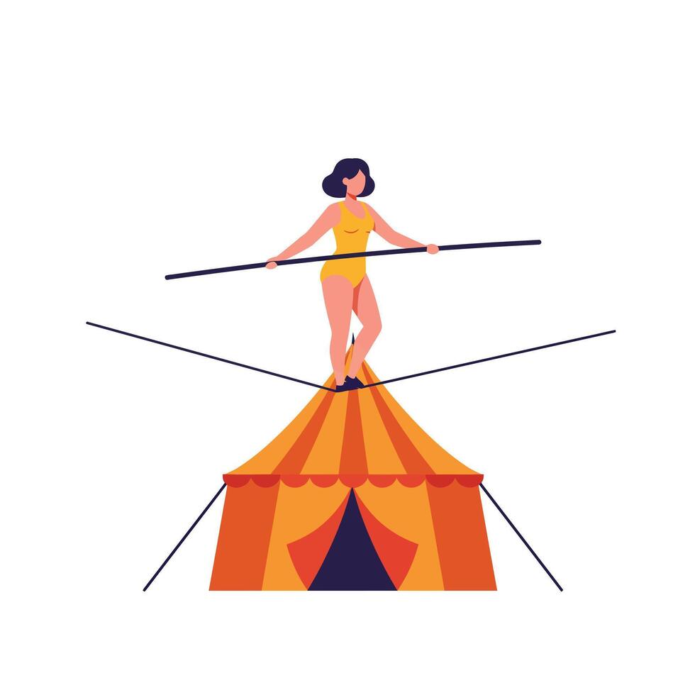 Tightrope walker balancing on circus tent in flat art style vector