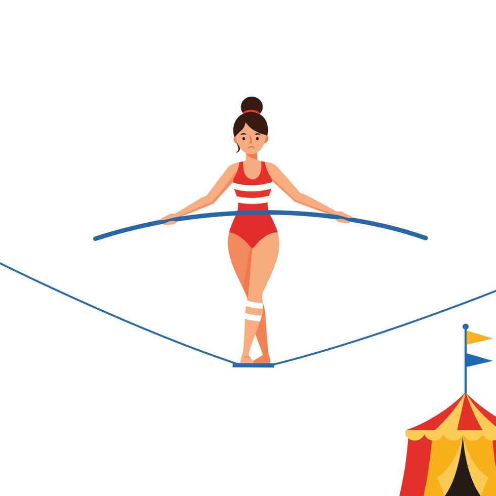 Tightrope walker performing stunning balance act in flat art style illustration vector