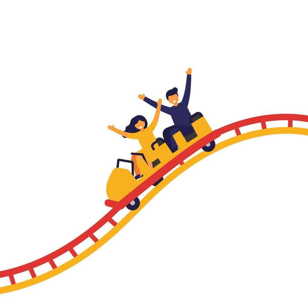Roller coaster ride with excited passengers in flat minimal illustration vector