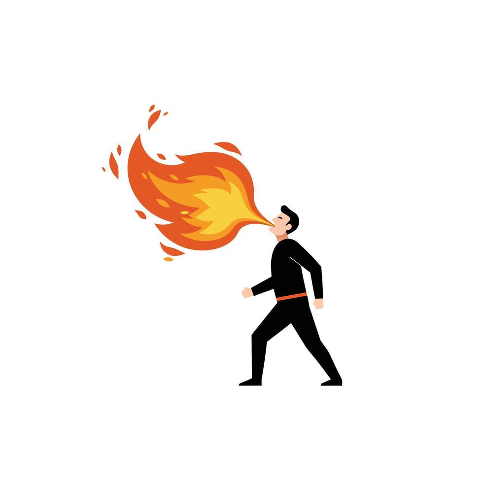 Man breathing fire in dynamic action pose flat art vector