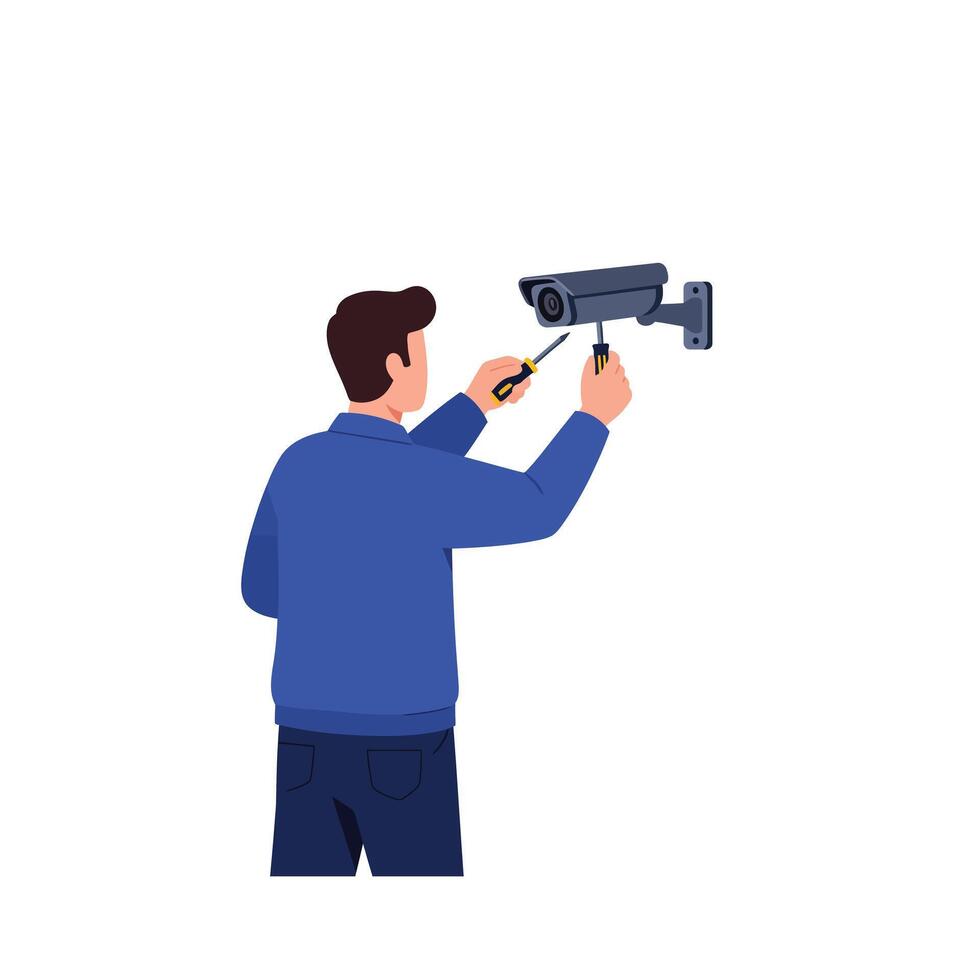 Technician installing security camera with tools in flat art illustration vector